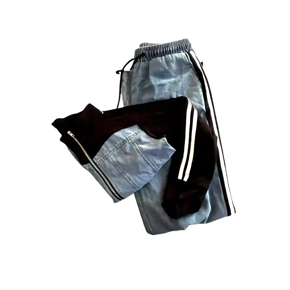 NWT Med (Fits S) Athleisure Denim Stripe Tracksuit 2pc Set Jacket Wide Leg Pants